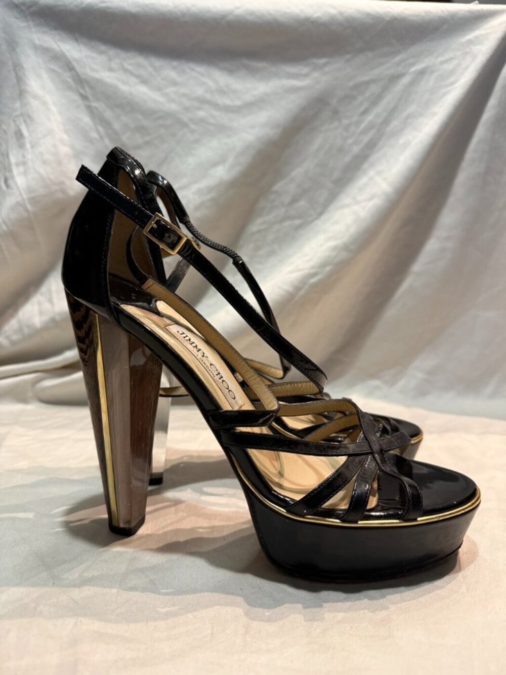 Jimmy Choo Zena Black Patent Platform Sandal Wood Lucite Heel Sz 39